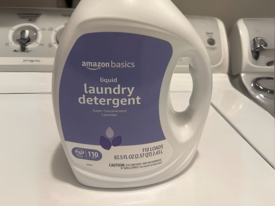 lavender Amazon Basics Laundry Detergent 82.5oz Bottle on washing machine
