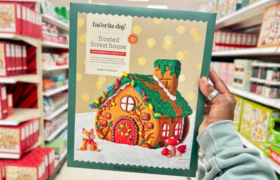 a womans hand holding a sugar cookie house decorating kit