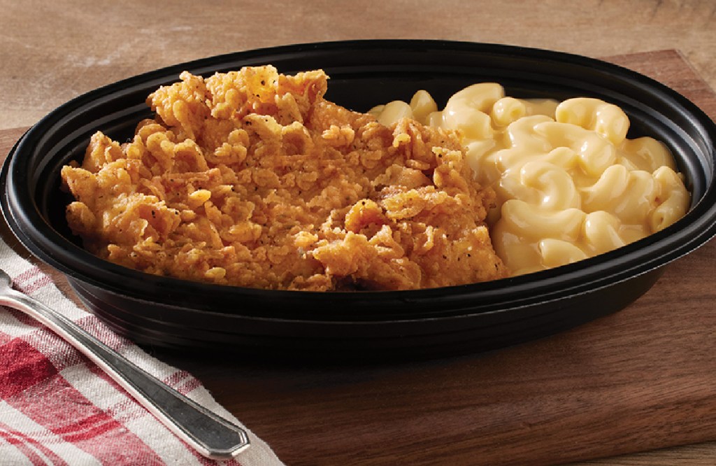 A plate of $5 Take Home Fried Chicken Mac and Cheese at Cracker Barrel