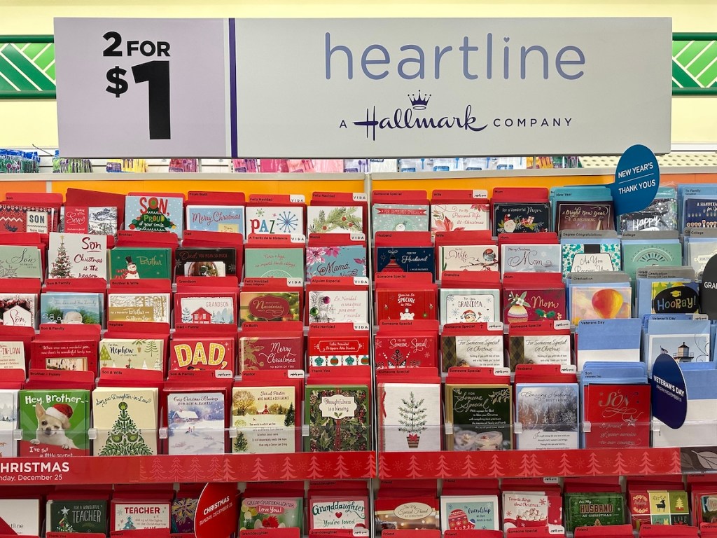 dollar tree card section with holiday cards