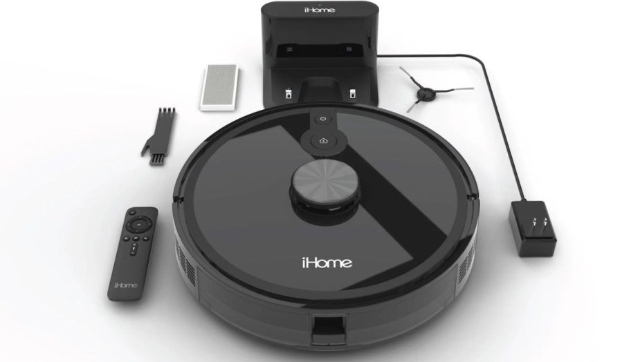 robot vacuum shown with accessories and power supply