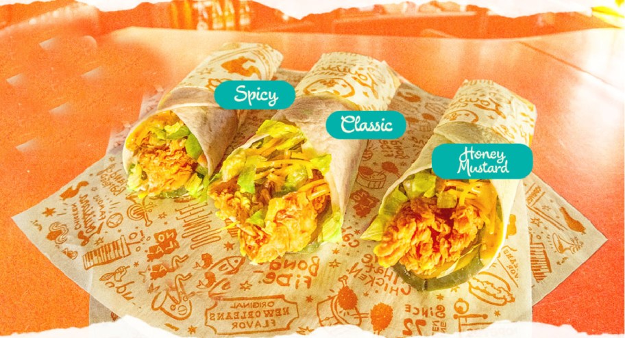 three chicken snack wraps in tortilla