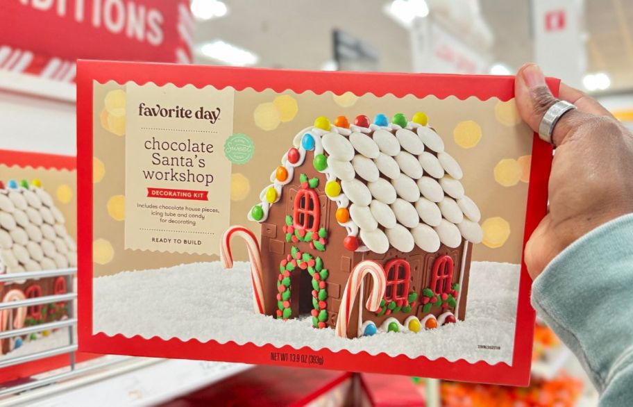 a womans hand holding a sugar cookie house decorating kit