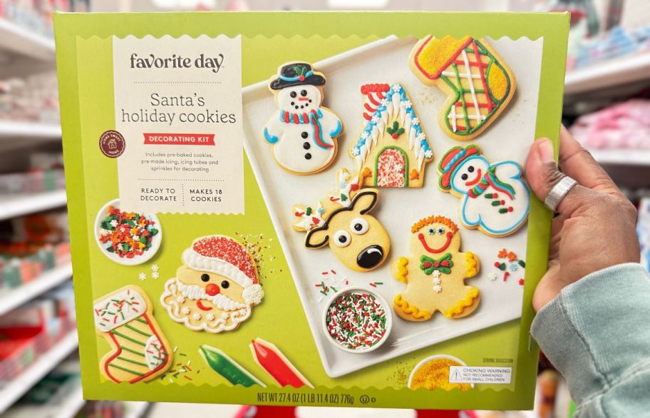 a womans hand holding a sugar cookie decorating kit