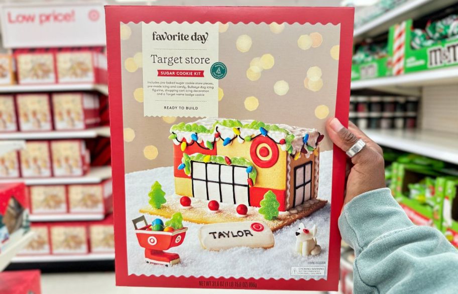 a womans hand holding a sugar cookie house decorating kit