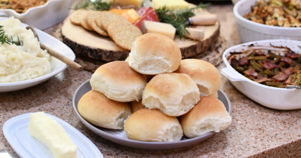 plate of frozen Rhodes dinner rolls at Thanksgiving dinner 