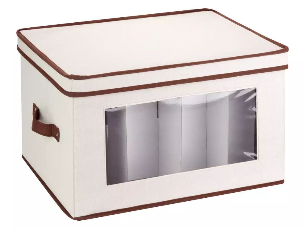 Honey-Can-Do Canvas Window Storage Box with Lid in cream and brown