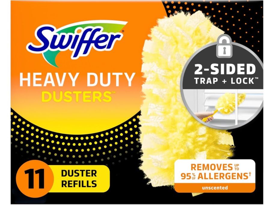 orange, yellow, and black cover of a box of Swiffer Dusters Heavy Duty Multi-Surface Duster Refills 11-Count