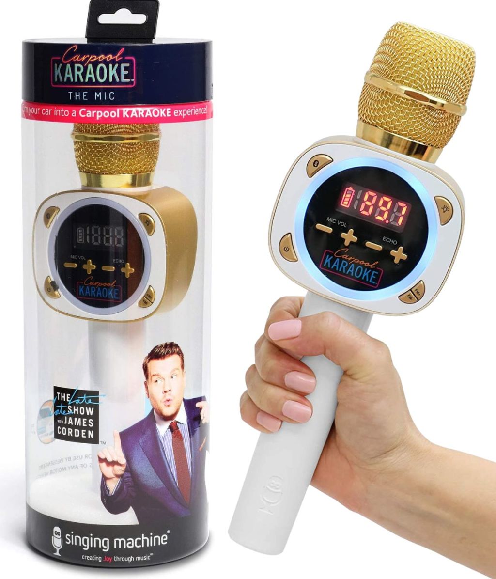 Carpool Karaoke the mic 1.0 in packaging and being held by a hand