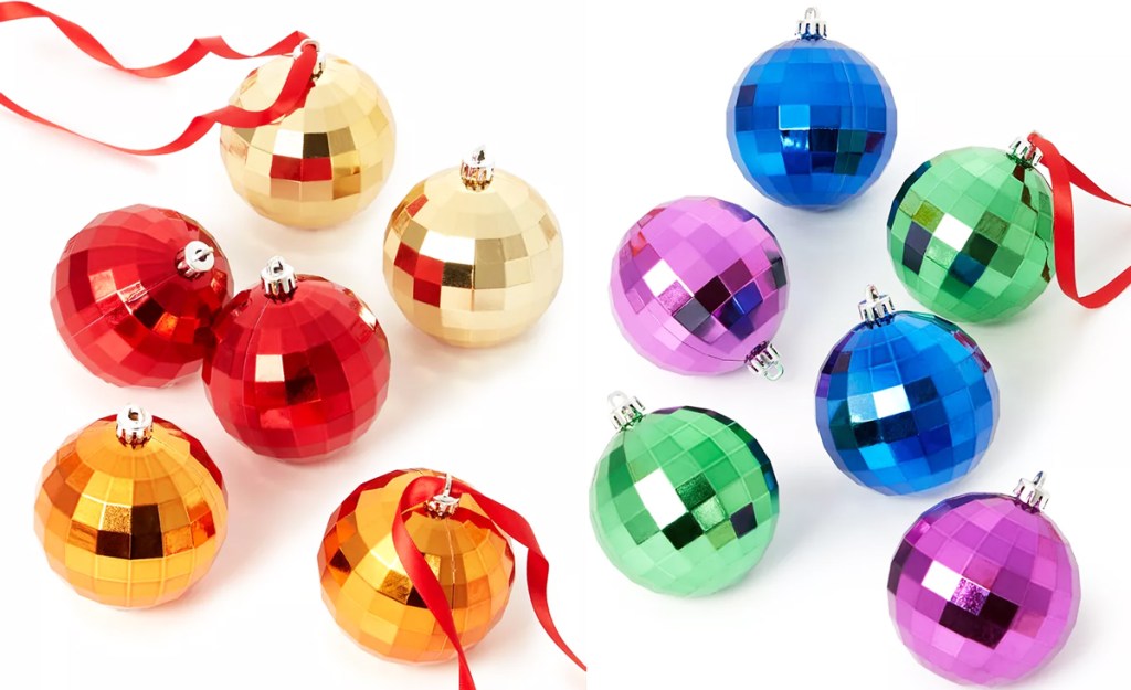 set of rainbow colored disco ball ornaments