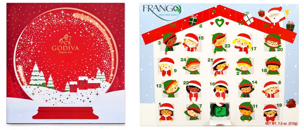 godiva and frango chocolate advent calendars