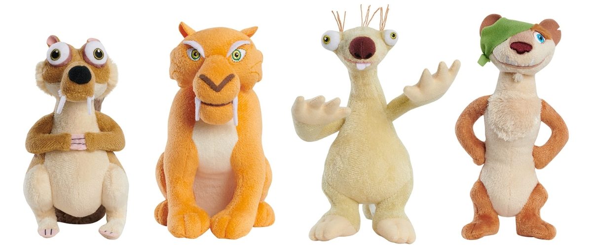 four side by side stock images of plush ice age toys