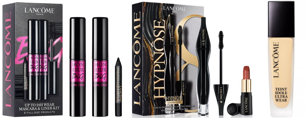 two lancome mascara sets and a bottle of foundation