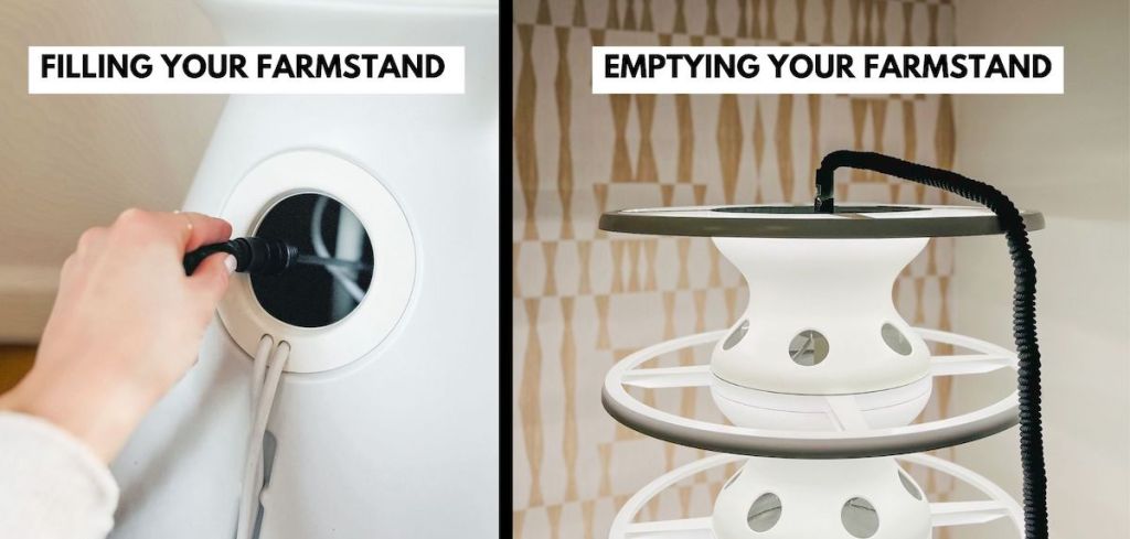 side by side graphic of hand filling and emptying water on hydroponic garden