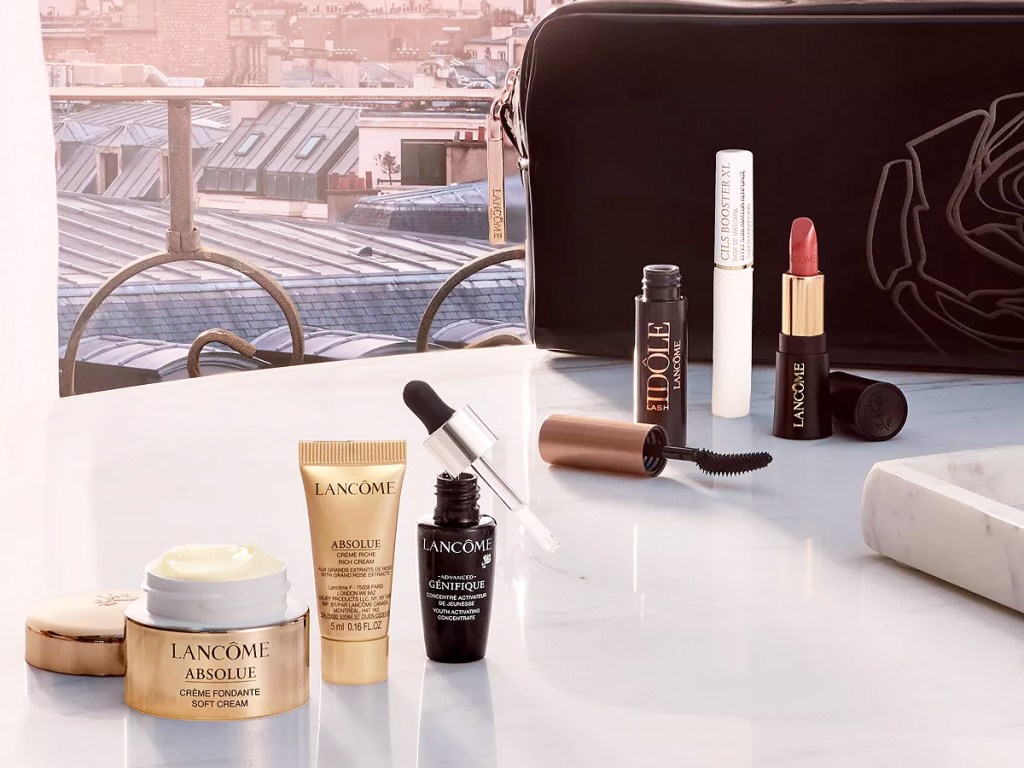 lancome skincare and makeup products on a white table