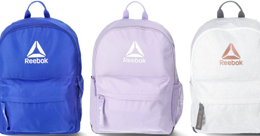 Stock images of 3 Reebok Backpacks in blue, purple and white