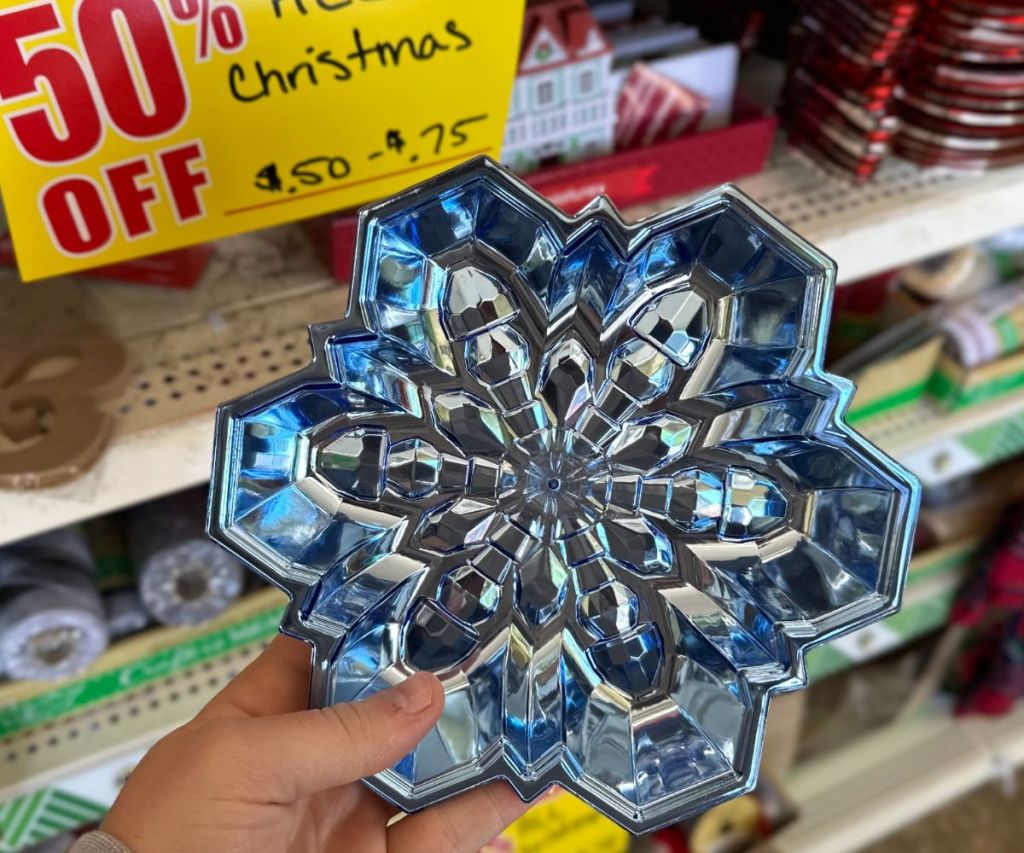 dollar tree metallic blue snowflake shaped serving tray