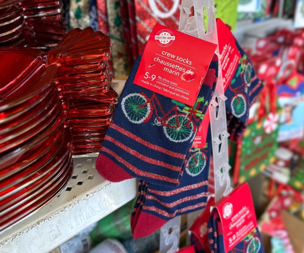 dollar tree Santa on a bikeholiday themed crew socks