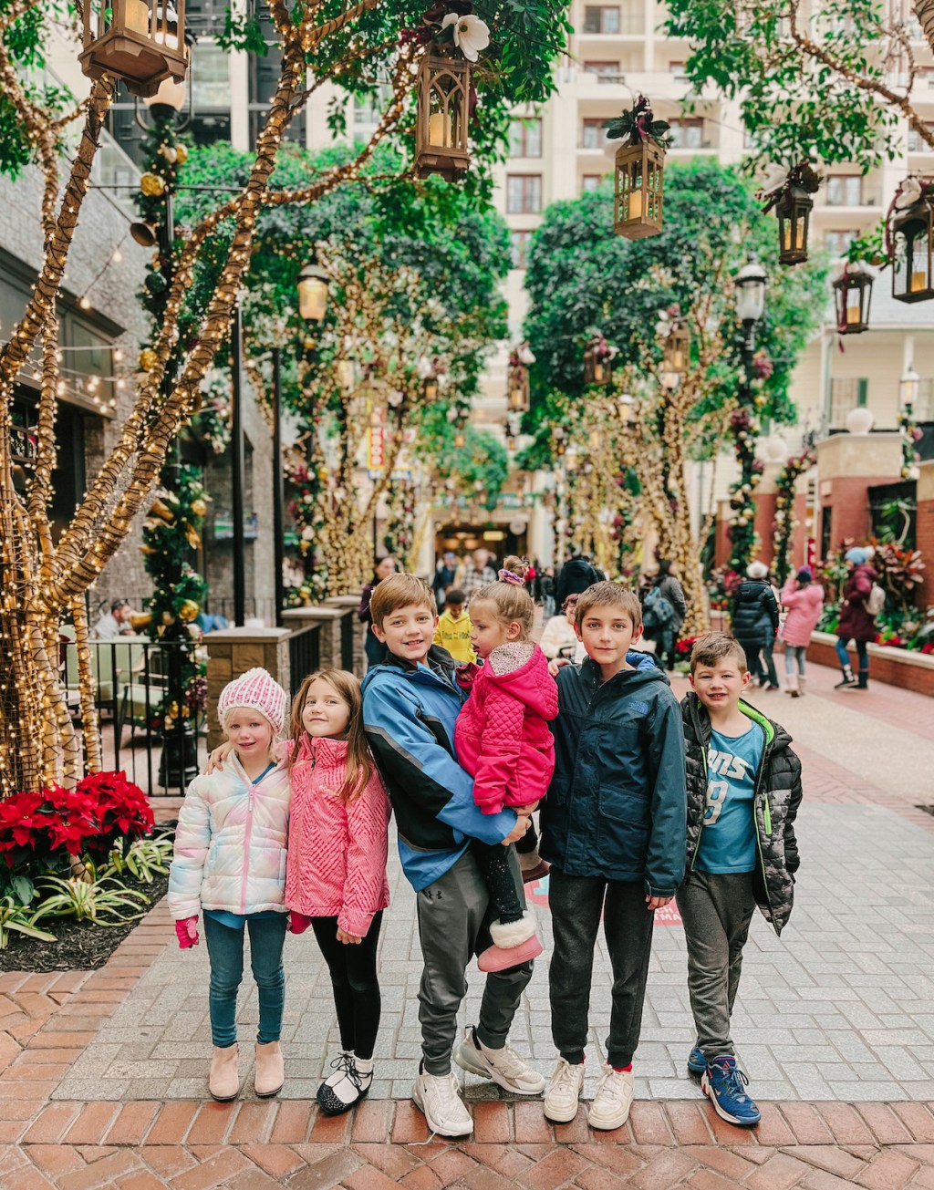 kids standing in walkway with christmas lit trees