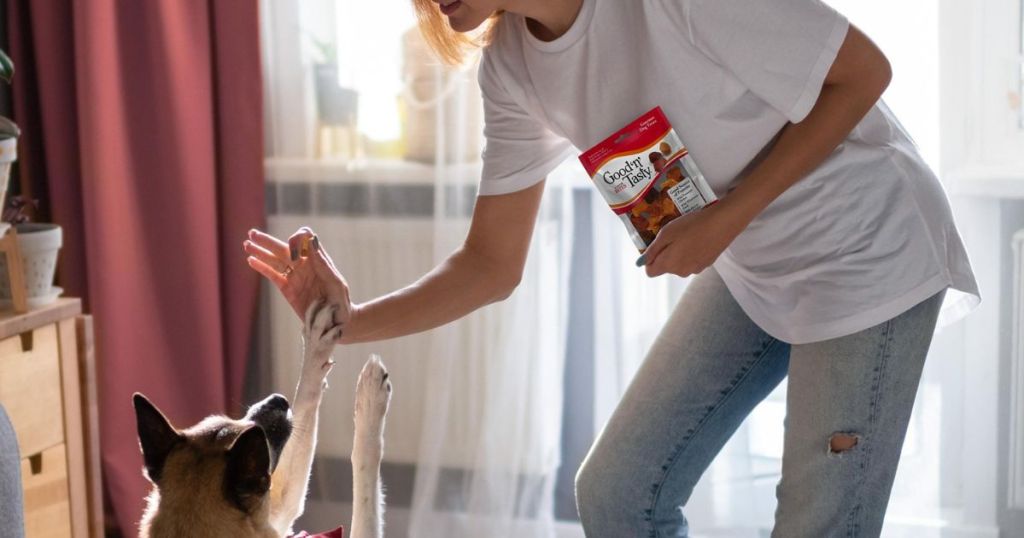 woman giving good n fun dog treat to her dog