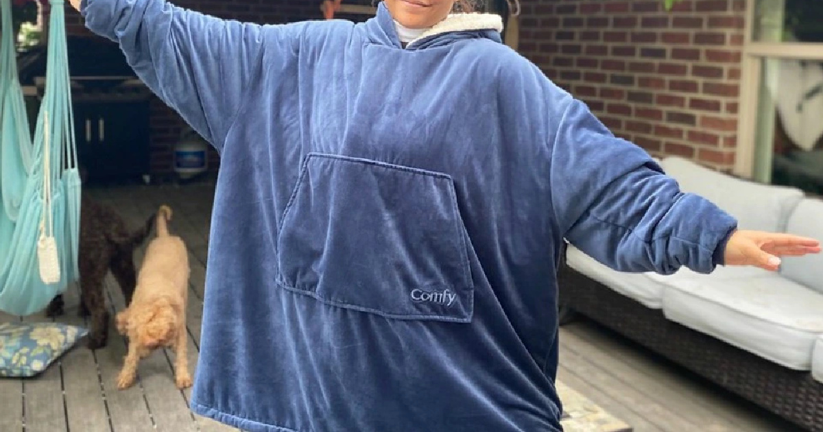 woman wearing original comfy jr wearable blanket