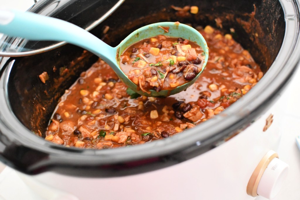 slow cooker chicken chili in beautiful brand slow cooker