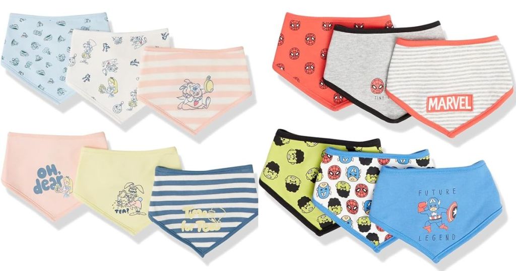 Disney Baby 6 Pack Bibs in Girls Alice in Wonderland and Boys Marvel Bibs shown 