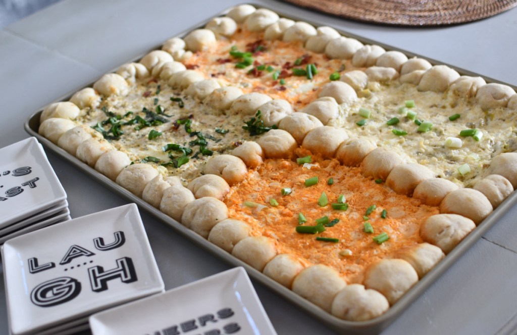 Sheet pan appetizer idea with four different dips