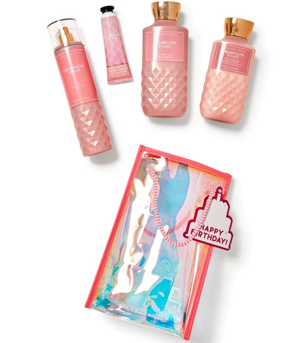 Bath & Body Works Champagne Toast Gift Bag Set with spray, hand cream, body wash, and lotion