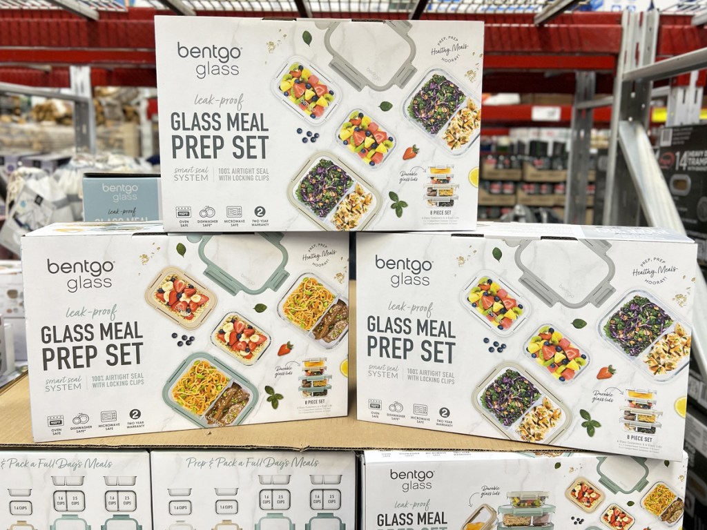 stack of glass meal prep container sets in store