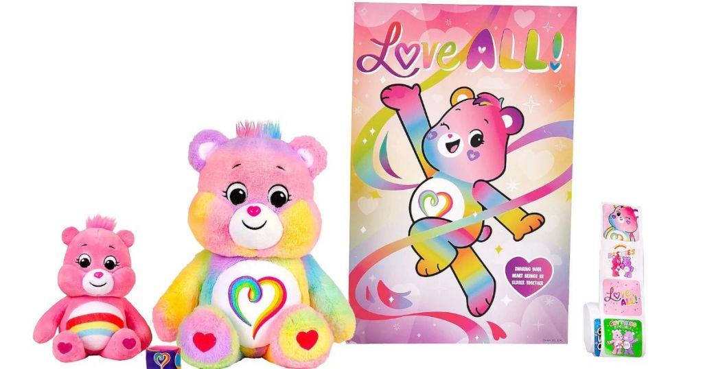 2 Care Bears, a poster, stickers, and slap bracelet