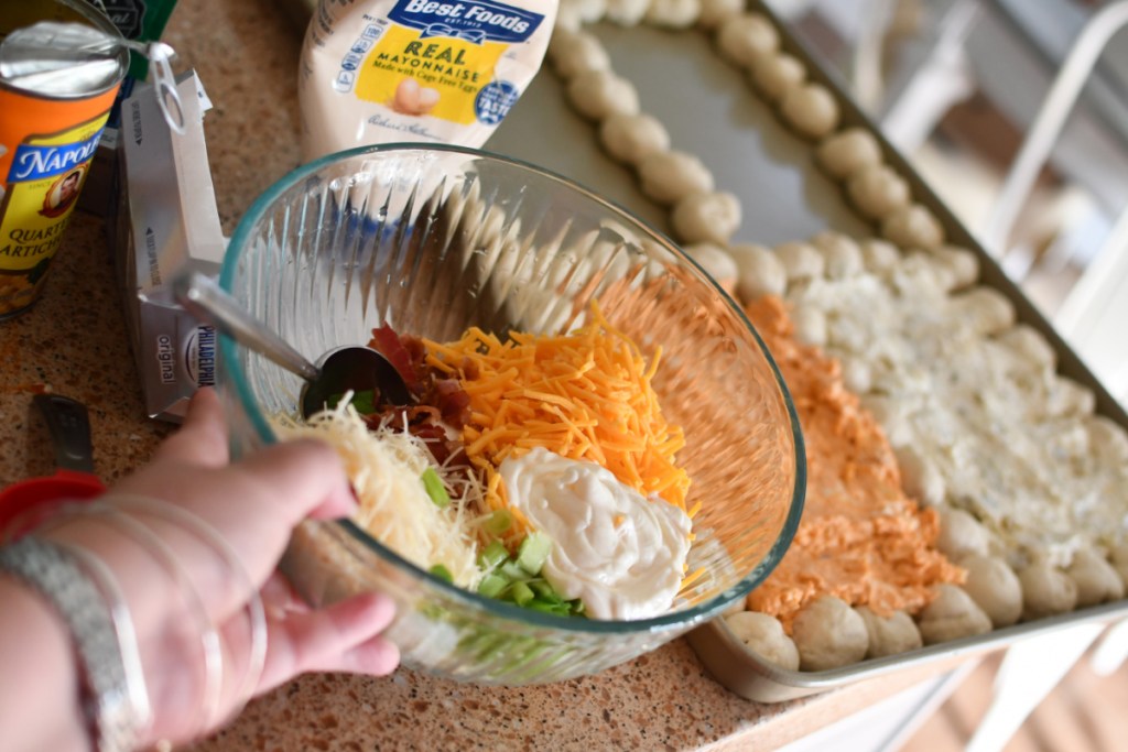 a cheese dip mixture in a bowl