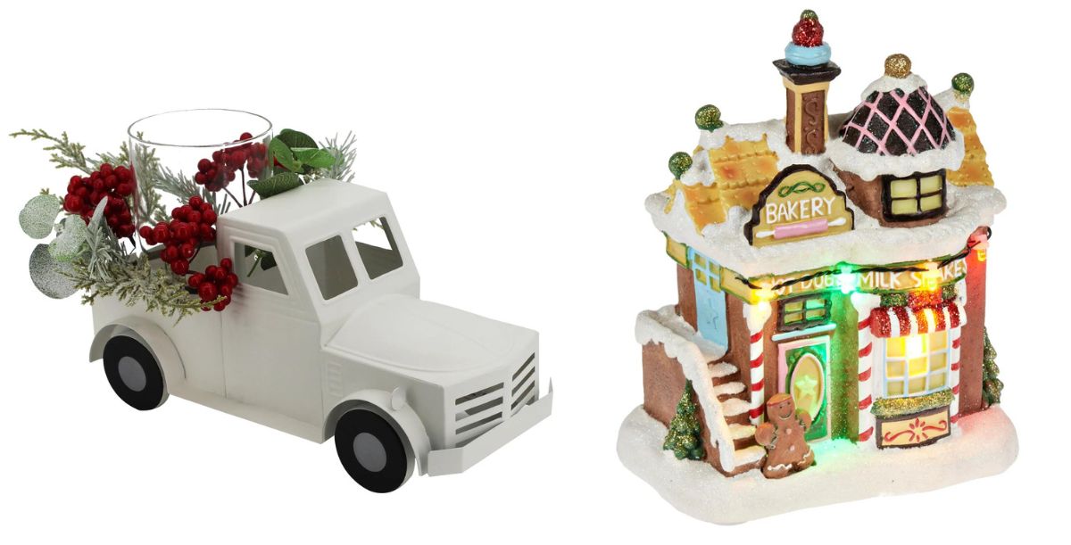 Christmas farm truck and ceramic led mini christmas village bakery