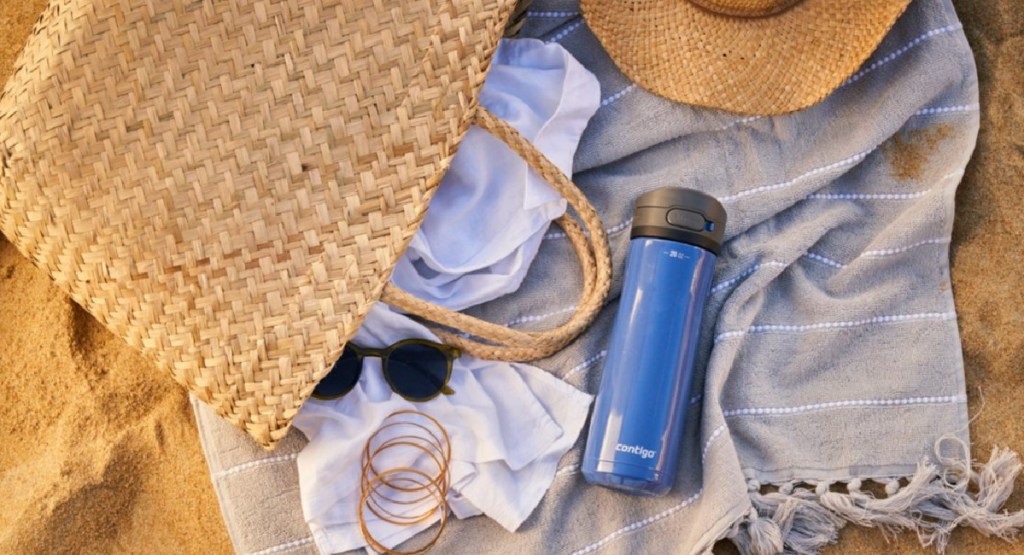Contigo Ashland Chill 2.0 Stainless Steel Water Bottle in Blue Corn on the beach with towel and hat
