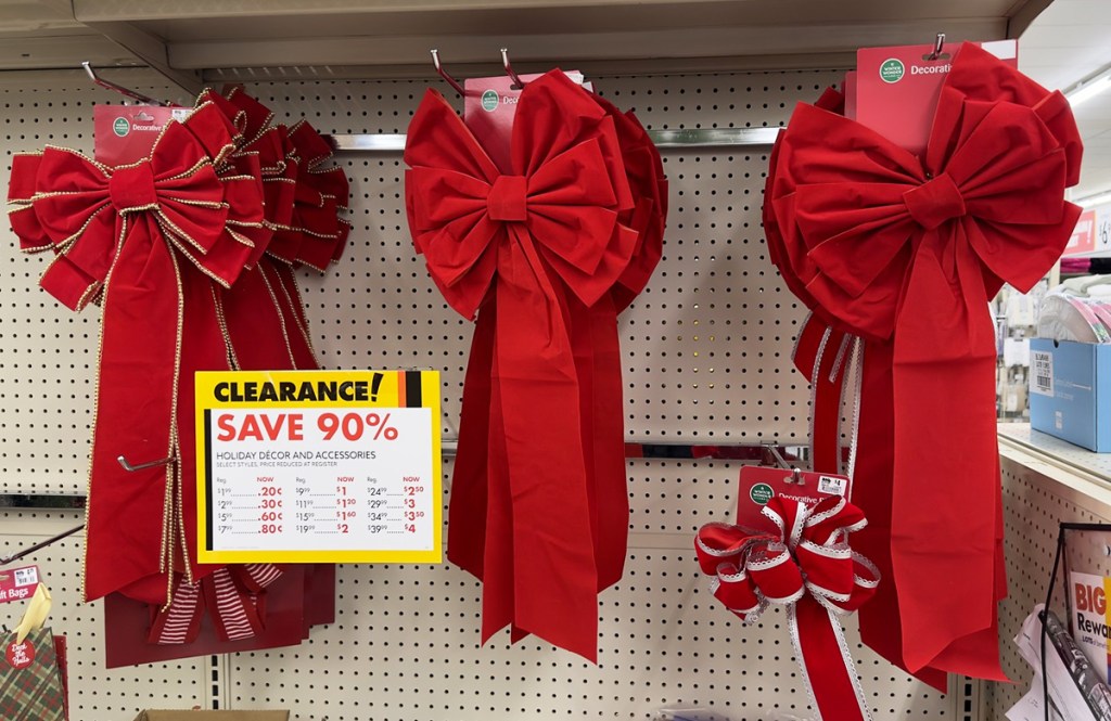 red christmas bows on display in store