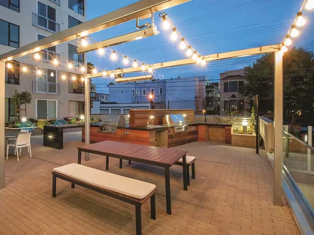 string lights strung above patio