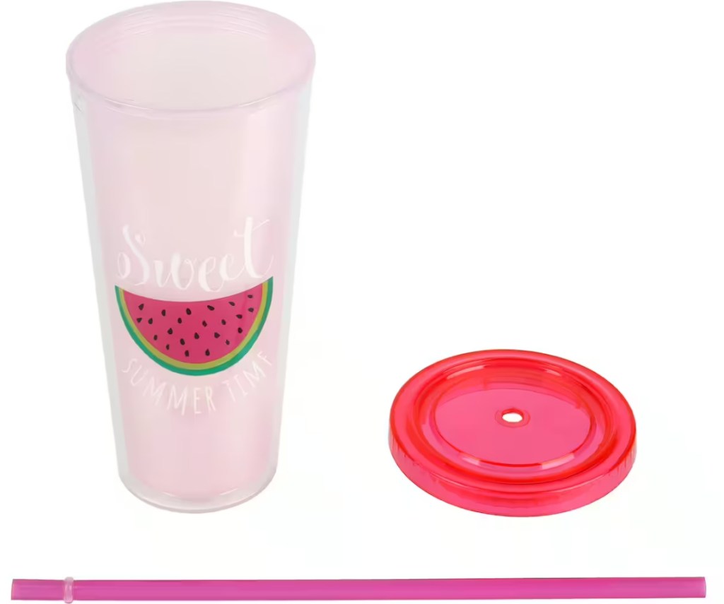 Pink tumbler with a watermelon on it and the lid next to it with the straw below both