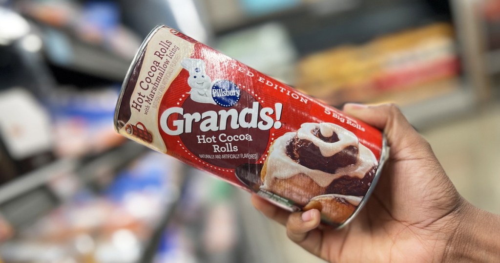 hand holding tube of Pillsbury Grands Hot Cocoa Rolls