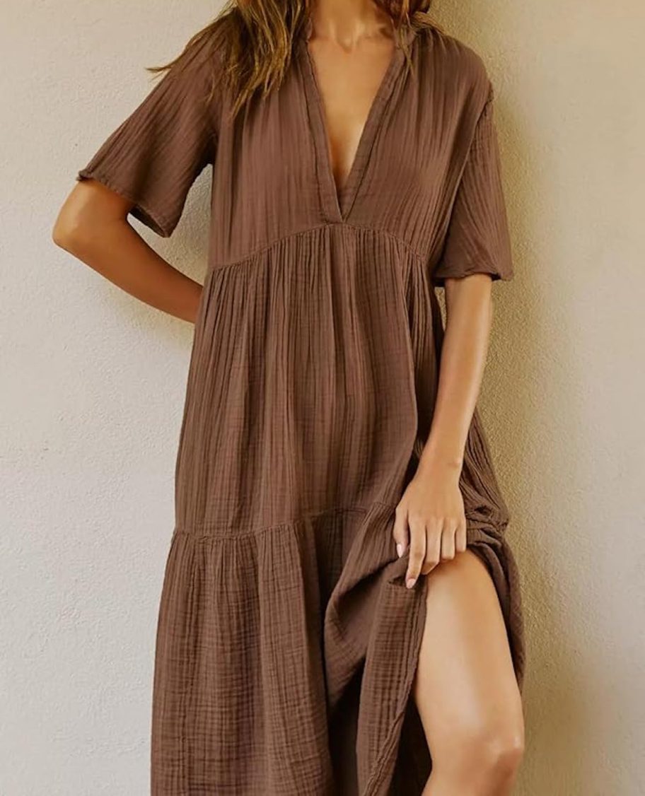 close up of woman modeling brown maxi gauze cotton dress