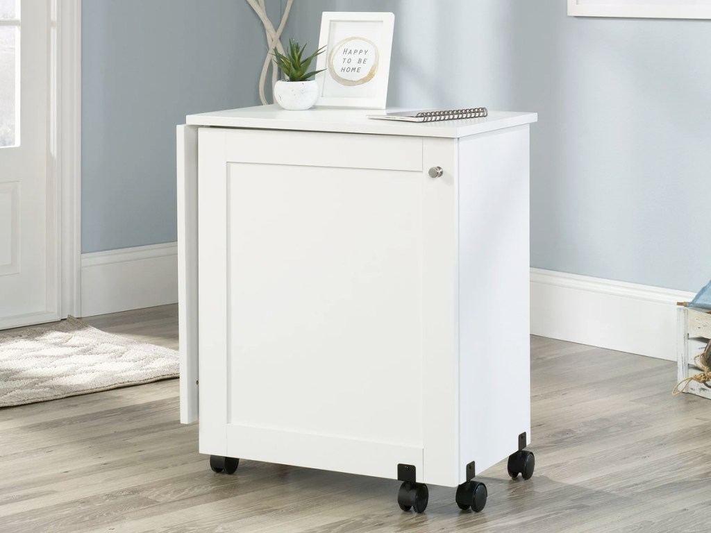 craft cart folded up into a cabinet