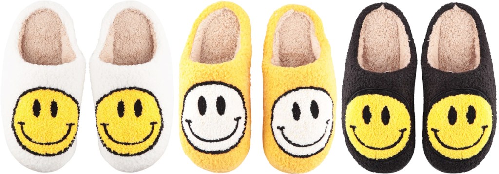 white, yellow, and black smiley face slippers