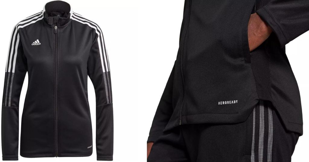 adidas track jacket and close up of side of adidas track jacket