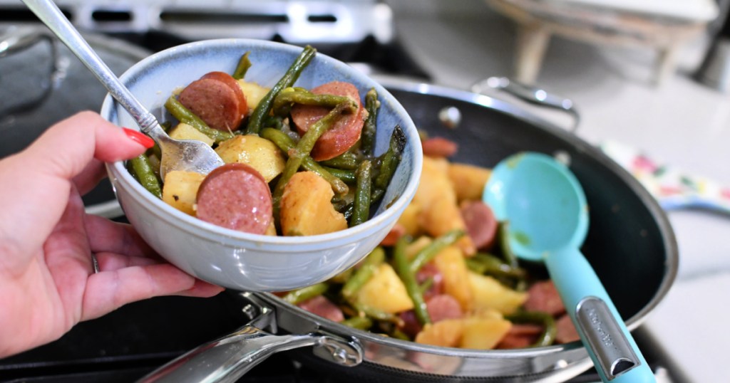 bowl of sausage green beans and potatoes