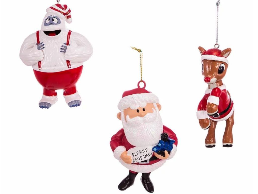 abominable snowman santa and rudolph ornaments