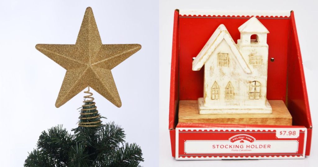 gold star on top of tree and house stocking holder