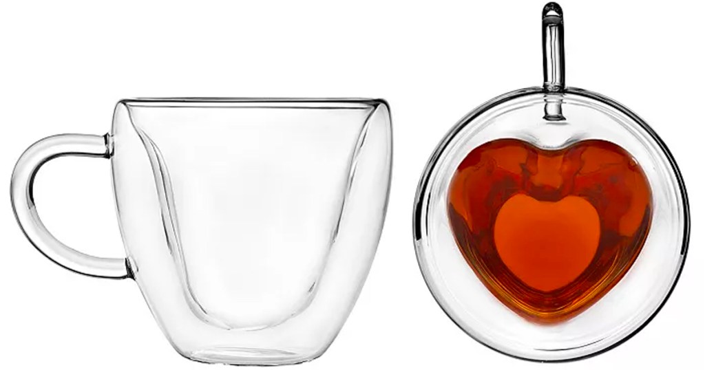 godinger glass heart mug with front view and view from top with red liquid