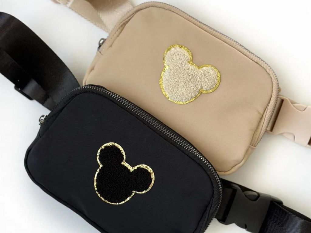 tan and black belt bags with glitter mouse front