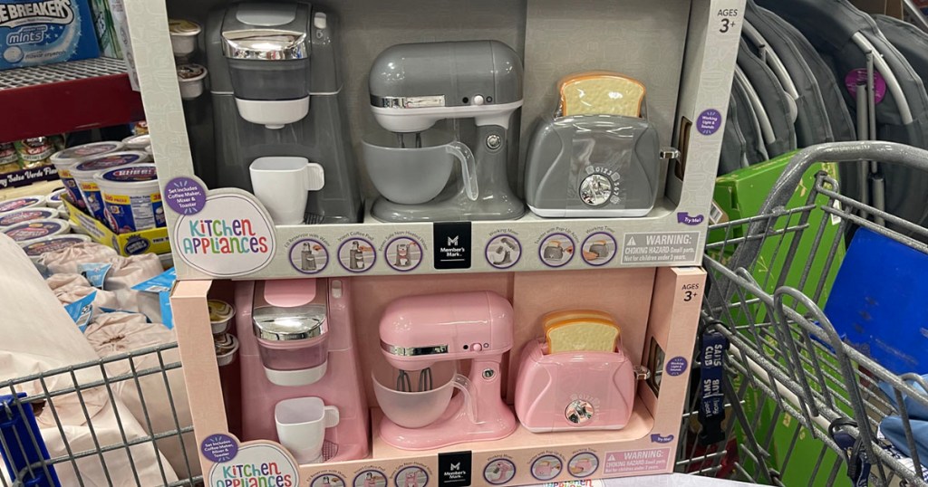gray and pink play kitchen appliances