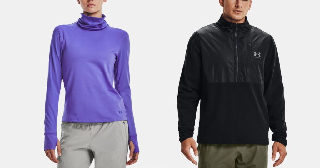 woman wearing purple funnel top and man wearing 1/2 zip