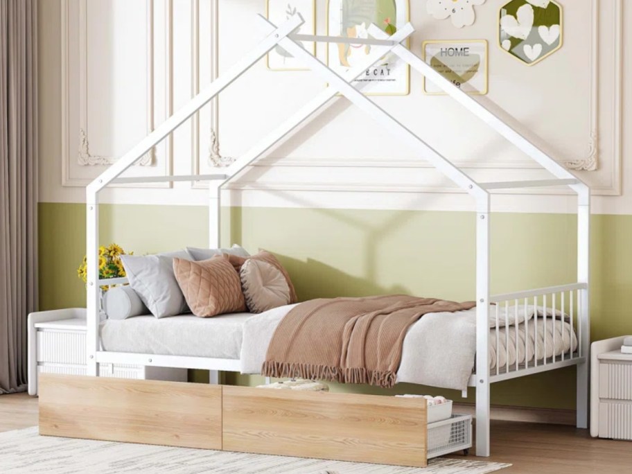 white A Frame platform bed frame with storage drawers in a room
